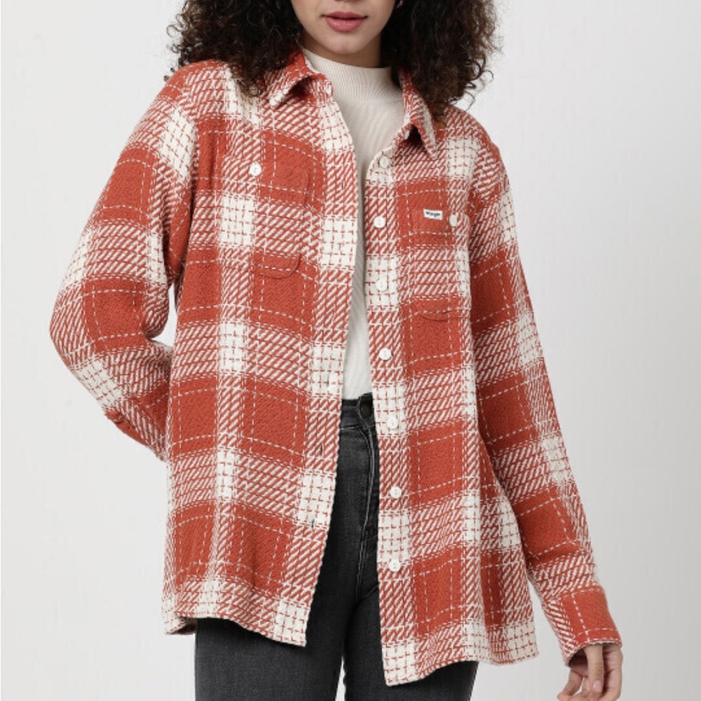 Wrangler Orange and White Plaid Button-Down Shirt